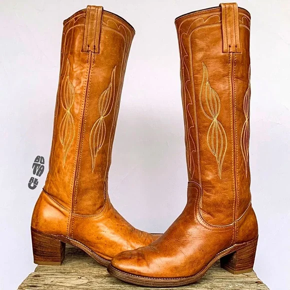 SOLD FRYE Vintage Black Label Stitching Tall Knee High Brown Western Boots 9 9.5 - Picture 10 of 11